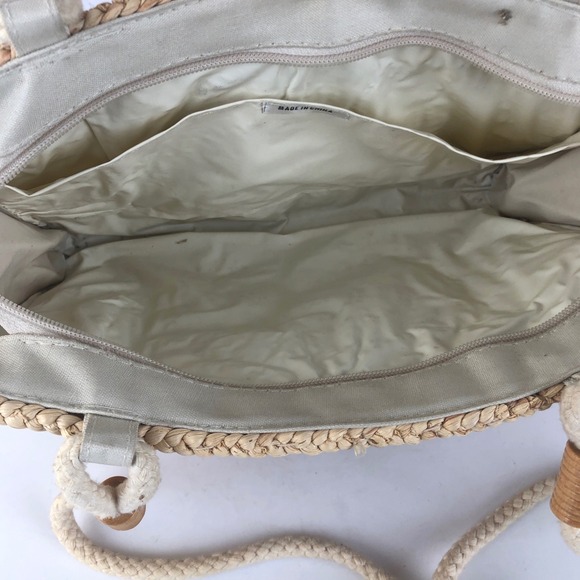 Vintage Straw Floral Needlepoint Medium Handbag Accent Summer Lined Zip Cottage - Picture 10 of 12